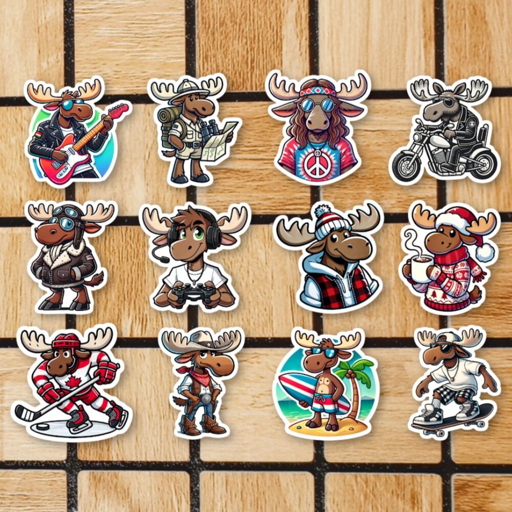 Cute Moose Sticker Pack of 12 Vinyl Stickers - Waterproof Animal Sticker Set